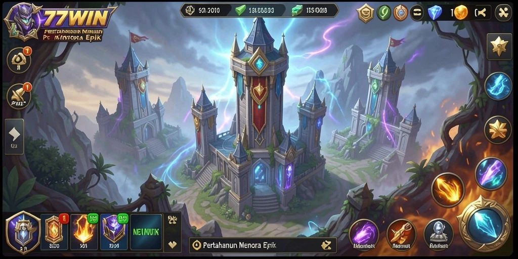 Gameplay Tower Defense 77WIN dengan menara yang strategis.