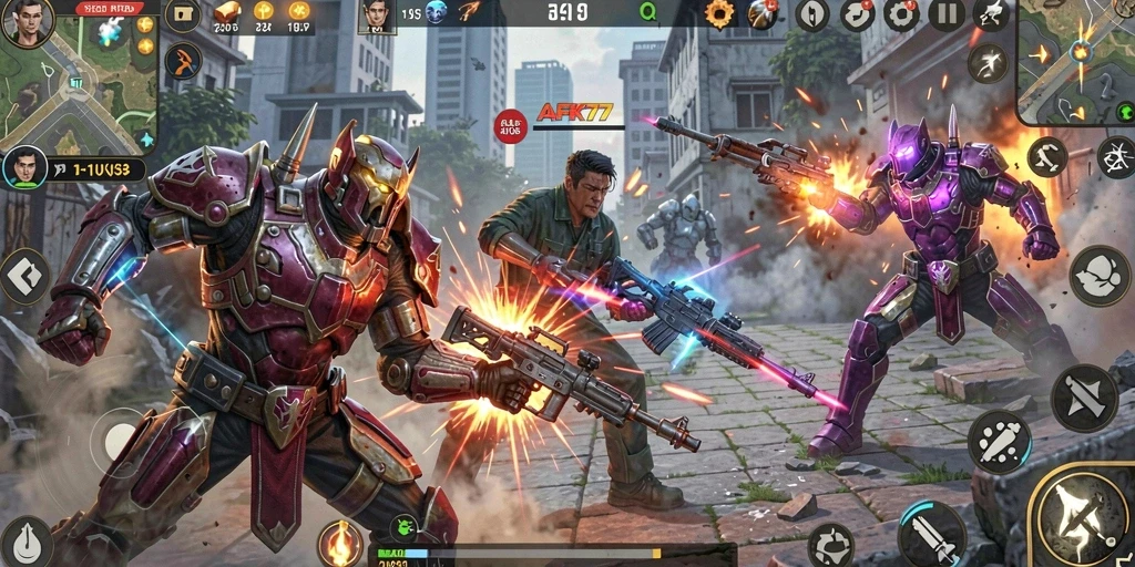 Tampilan gameplay yang mendebarkan dan penuh strategi dalam AFK77.