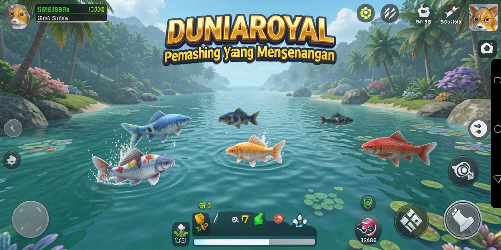 Screenshot gameplay DUNIAROYAL menampilkan petualangan memancing yang mengasyikkan.