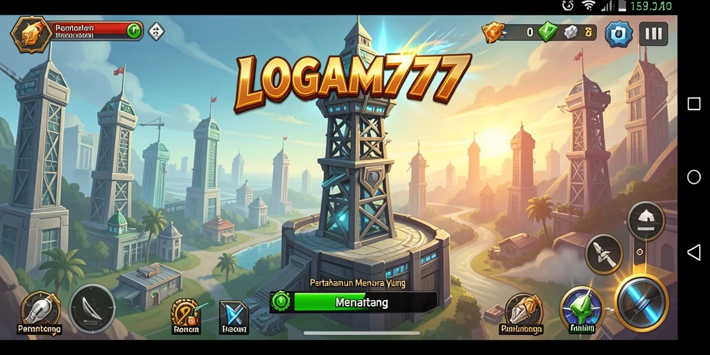 Tampilan gameplay LOGAM777 yang menarik dalam pertempuran Tower Defense.