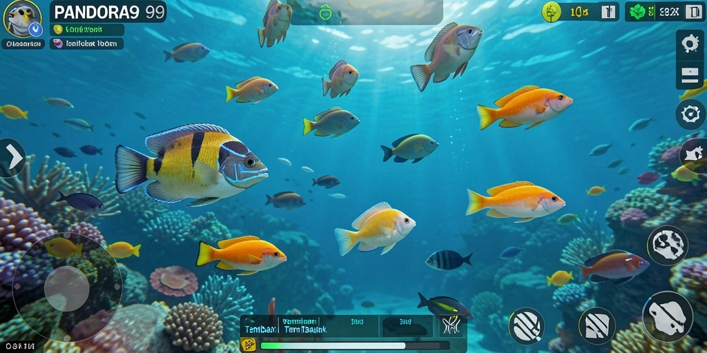 Tangkapan layar gameplay PANDORA99 yang menampilkan berbagai ikan berwarna-warni.
