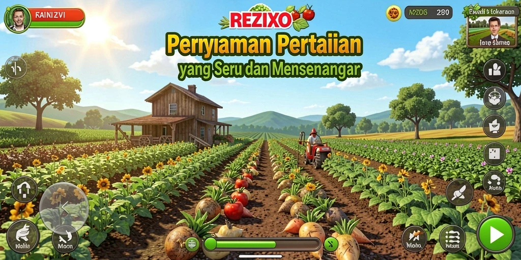 Tampilan gameplay seru di REZIXO dengan aktivitas bertani.