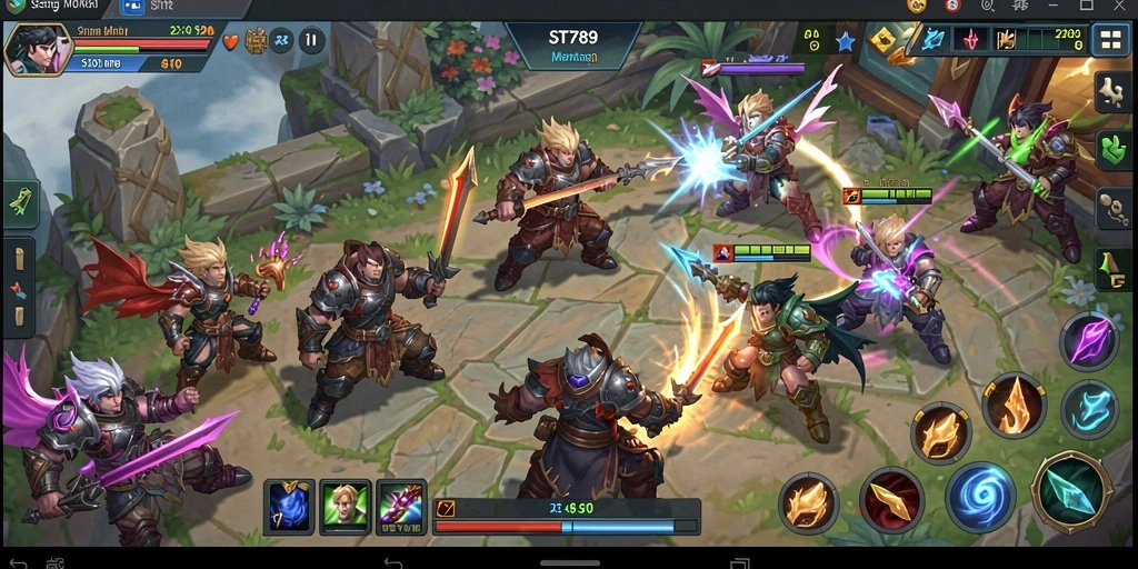 Screenshot gameplay ST789 dengan pertarungan MOBA yang intens.