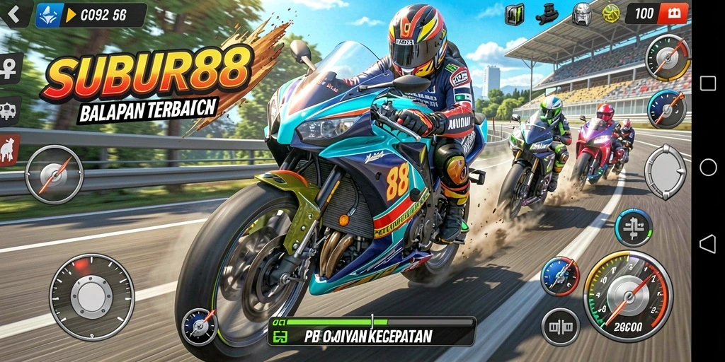 Tampilan aksi cepat dari balapan motor SUBUR88 dengan grafis menakjubkan.