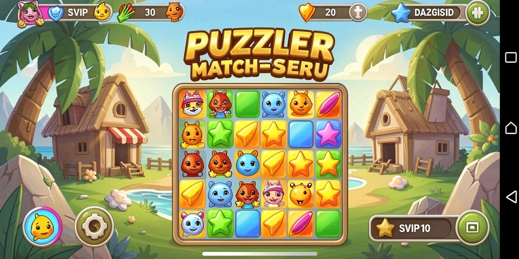 Screenshot SVIP10 menunjukkan momen seru gameplay Match-3 yang penuh warna.